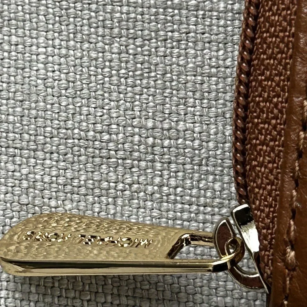 New Michael Kors Jet Set Zip Around Wallet Brown Pebble Leather Gold Logo NWT